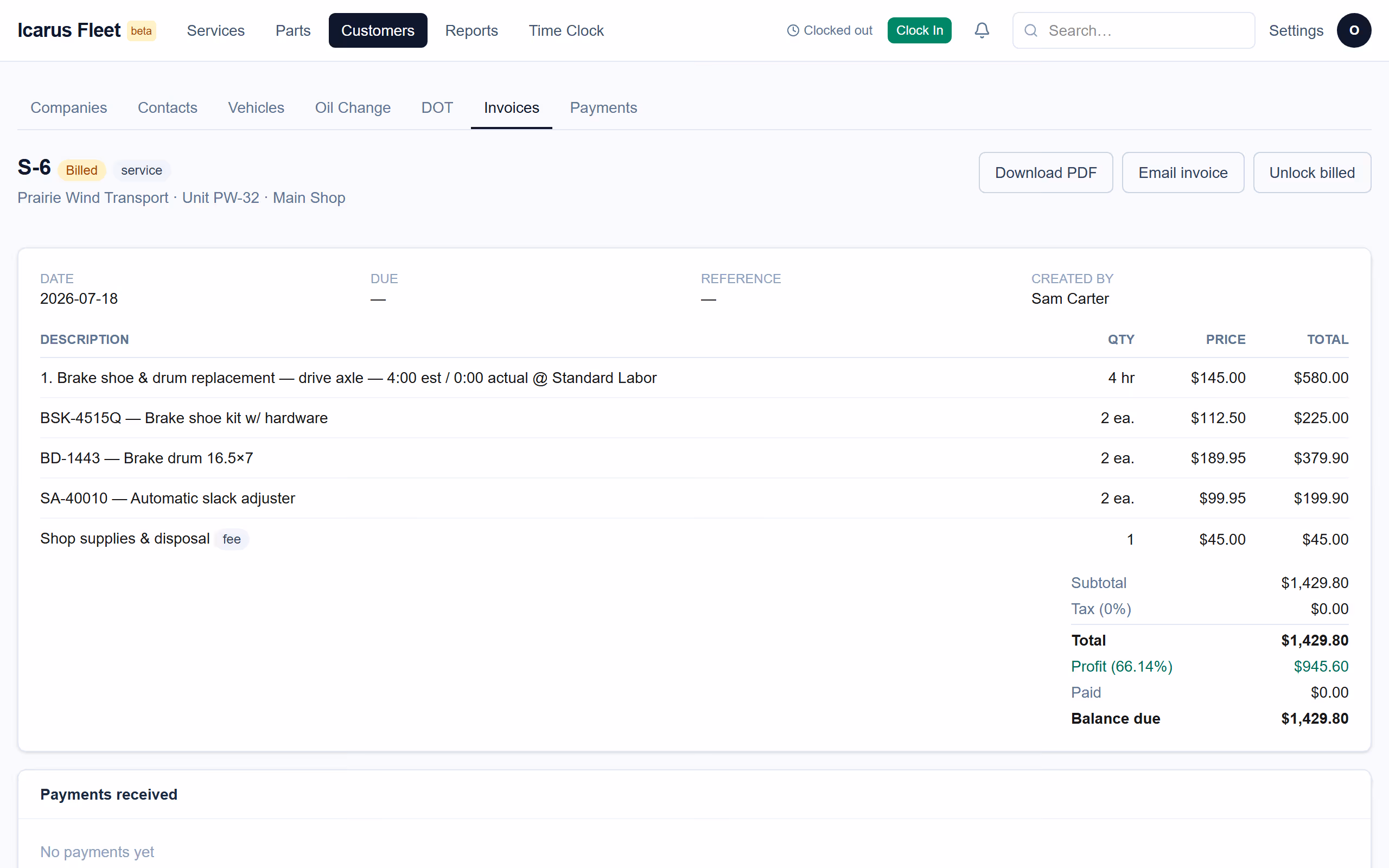 Invoice detail with line items and payment status